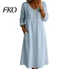Soft Fabric Women Dress Summer Midi for Women, Button Down Long Sleeve Simple Style A-line Dress, Casual Loose V Neck Flowy Vacation Outfits Polyester