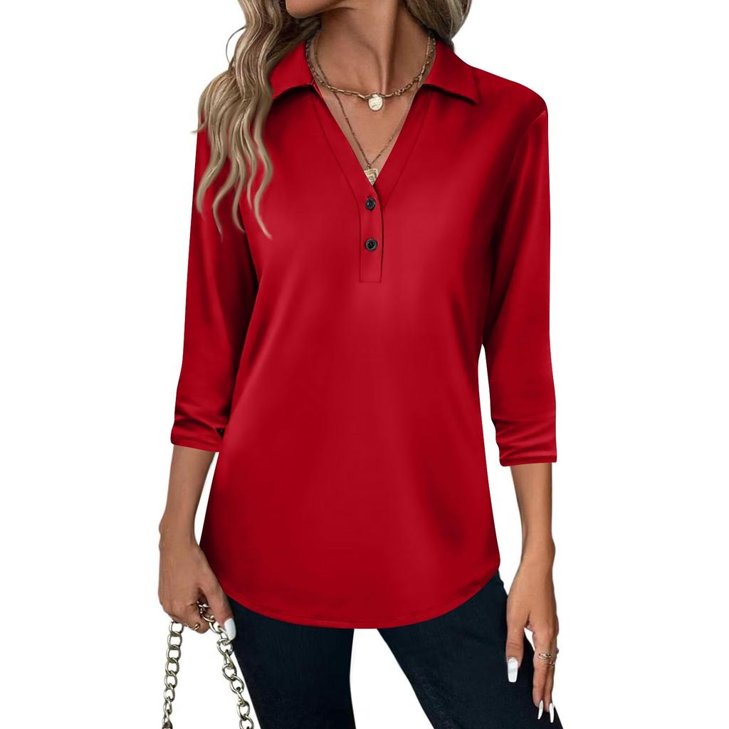 Women's Fashion Casual Lapel Short 3/4 Sleeve Solid Color Shirt Women's V-Neck Button Tops