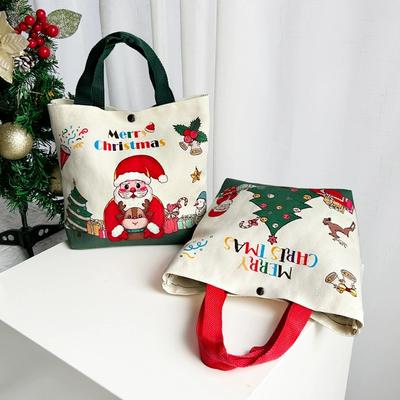 Cartoon Santa Claus Snowman Handbag Canvas Gift Bag for Christmas Day Eco-Friendly Festive Themed Shopping Bag