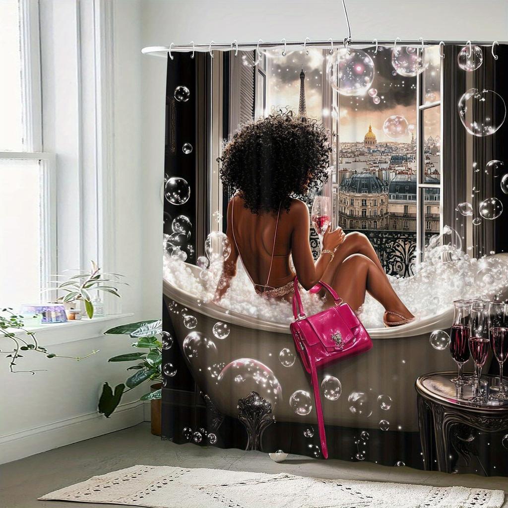 Parisian Luxury Waterproof Shower Curtain - Eiffel Tower View,Bubble Bath Design,Easy to Clean,Durable Fabric for Bathroom Decor