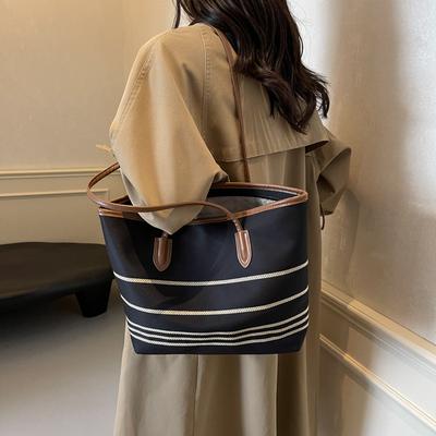 New Tote Bag Women's Bag Autumn and Winter Texture Large Capacity Striped Canvas Portable Shoulder Bag