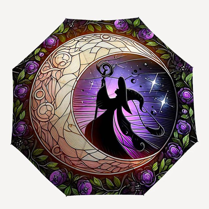 1pc Stained Glass Moon & Flowers Automatic Folding Umbrella - Portable 3-Fold Design with 8-Bone Iron Frame, Outdoor for Fans, Travelers, Daily Use, F