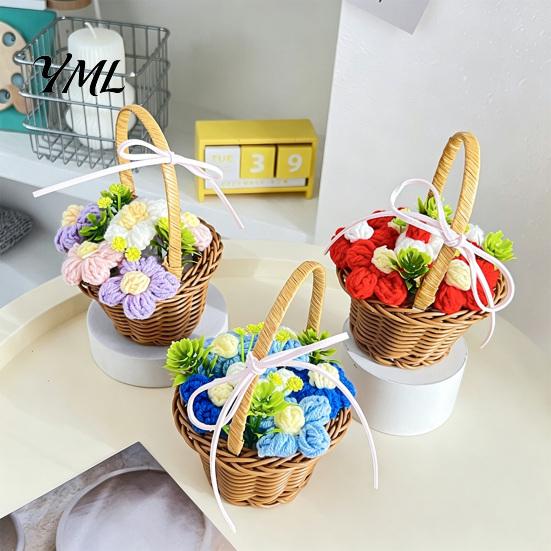 Crocheted Floral Desktop Ornament Hand Knitted Wool Flower Basket, Decorative Mini with Home Accents for Counter Ribbon, Plant Office And Photography