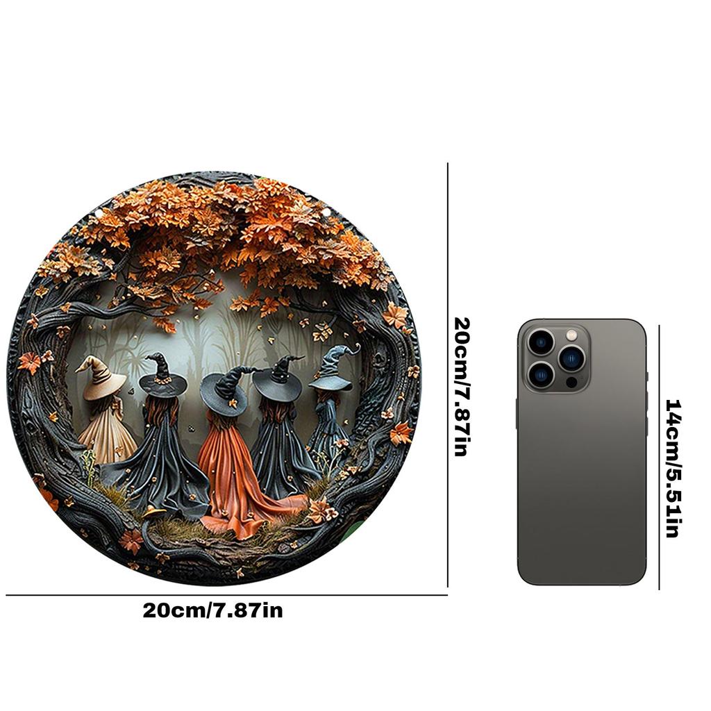 Halloween Wooden Witch Hanger Decoration, 5 Witches Exquisite Round Hanging Pendant For Porch, Wall