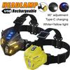 Rechargeable Headlamp Motion Sensing Headlight with White & Yellow Beams Hands-Free Light for Cycling Running Fishing Camping