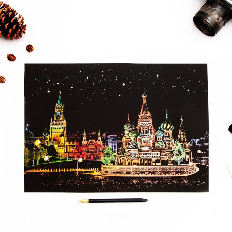 Pittura a Graffio Vista Notturna della Città di Yuelu - Serie Mondo Colorato, Regalo di Compleanno Creativo