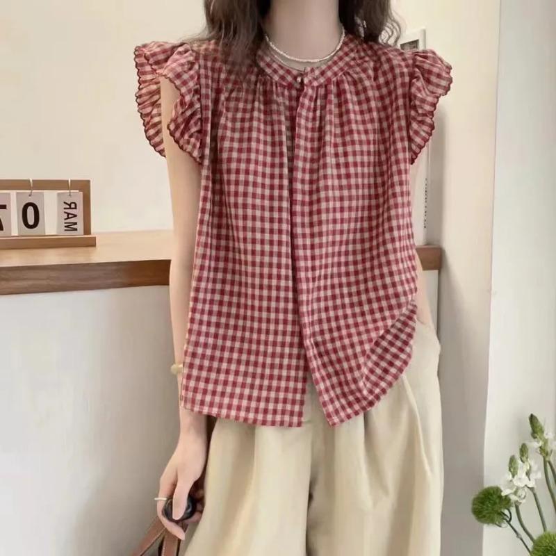 Black White Plaid Ruffled Sleeveless Blouse Round Neck Shirt Casual Daily Top For Women