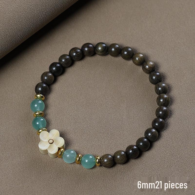 

Браслет в китайском стиле из сандала и окаменелого дерева с нефритом «Цветок сливы» – одинарный/двойной обхват, деревянные буддийские бусины