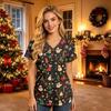 Women's Christmas Print V-Neck Short Sleeve Scrub Top with Pockets Caregiver Uniform