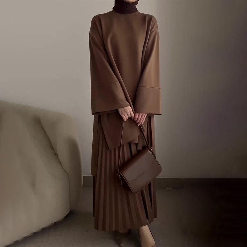 AUT1027392CMP Women Modest Two Piece Set Long Sleeve Loose Top Pleated Maxi Skirt Muslim Abaya Outfit Casual Matching Suit