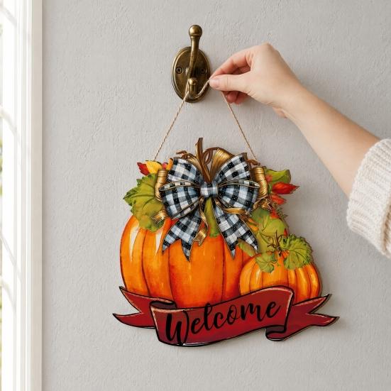 High-definition Printed Pumpkin Fall Welcome Sign, Thanksgiving Door Hanger, Wooden Decor Solid Wood Hanging Porch Sign for Autumn Harvest Farmhouse