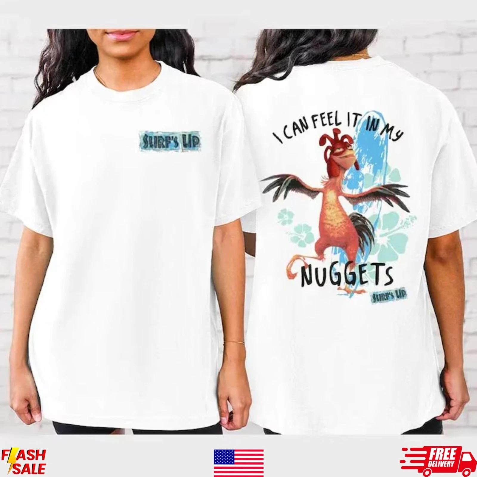 Surf Cartoon Chicken Graphic T Shirt Funny Nuggets Quote Unisex White Tee 2XL