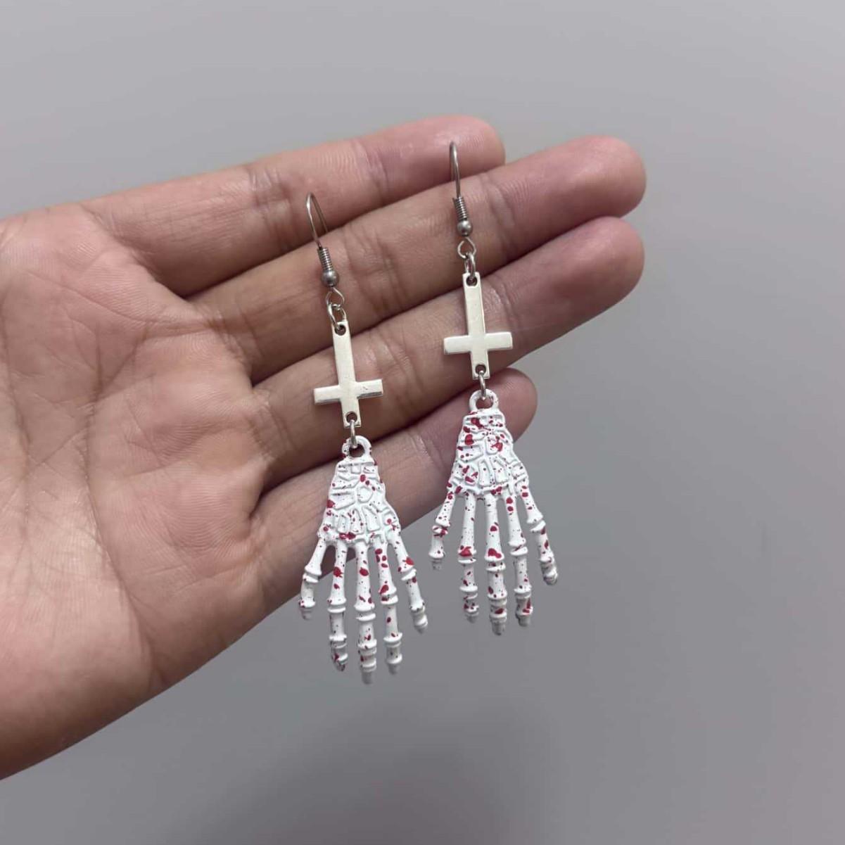 

Goth Sliver Color Inverted Cross Bloody Skeleton Hands Pendant Choker Necklace Earrings for Women Halloween Demon Slayer Jewelry