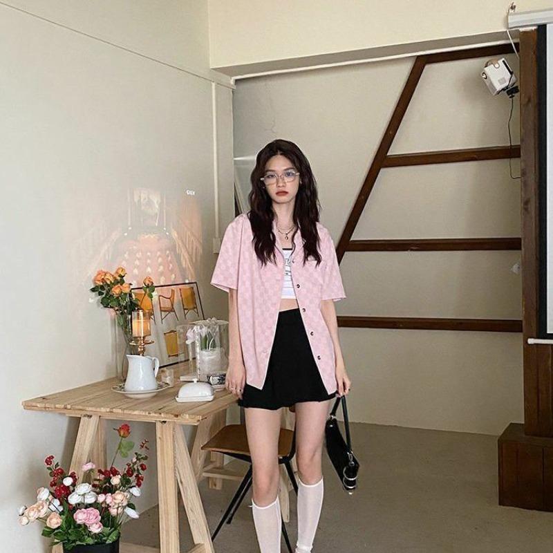 Women's Checkered Short Sleeved Shirts Summer American Style Thin Blouses Loose Casual Versatile Ladies Clothing