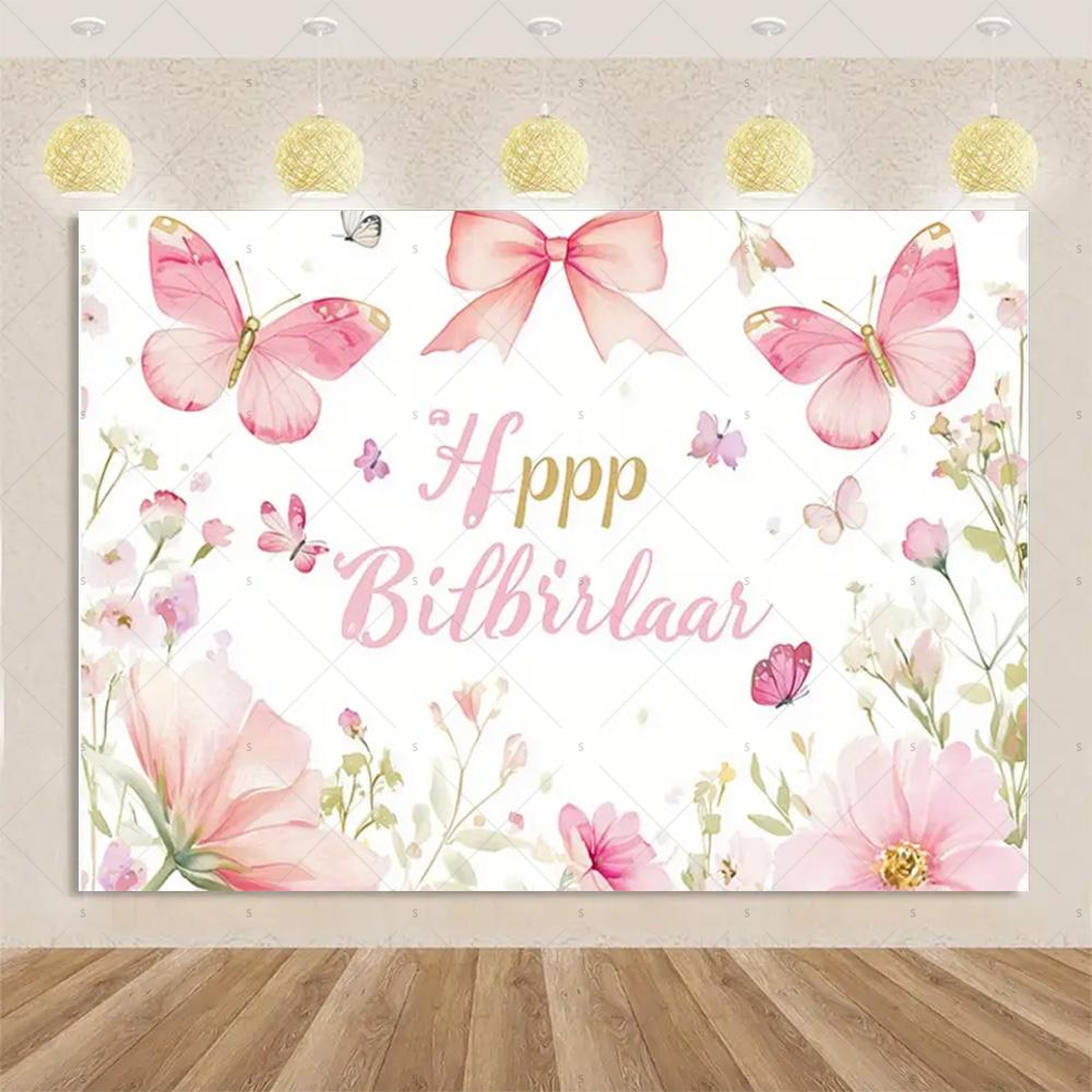 Pink Bow Tie Background Banner Girls Birthday Party Decorations Balloon Flower Photography Backdrop Supplies Photo Shoot Props