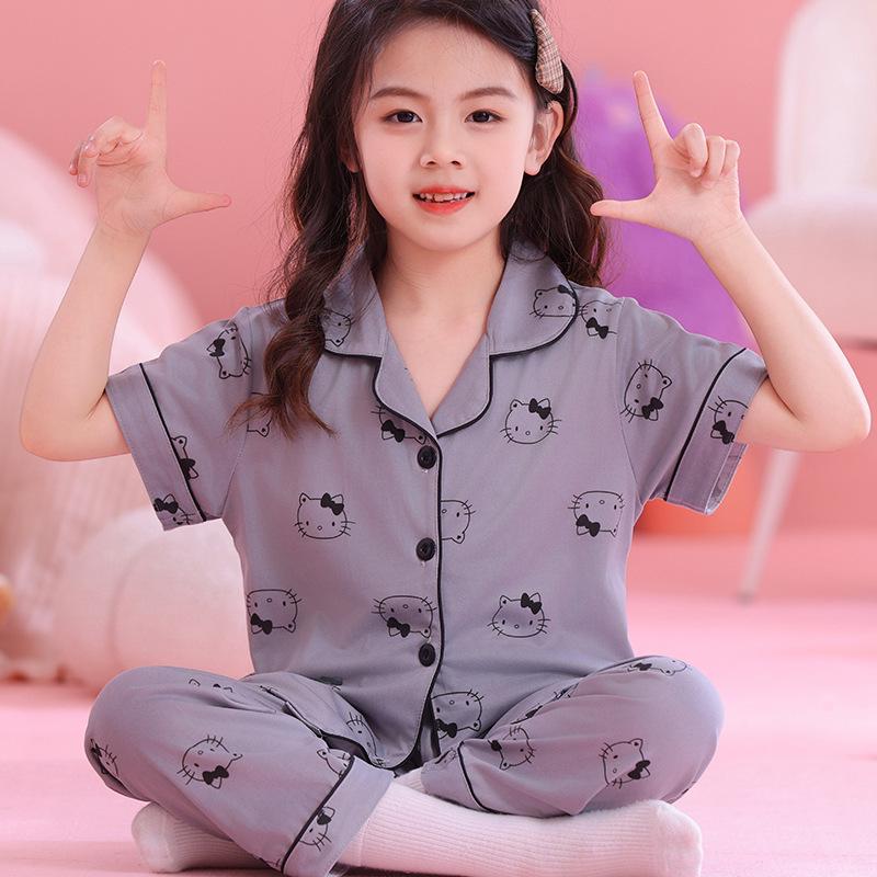 Kuromi Girls' Spring/Autumn Pajama Set with Short Sleeve Cardigan and Long Pants for Indoor/Outdoor Wear