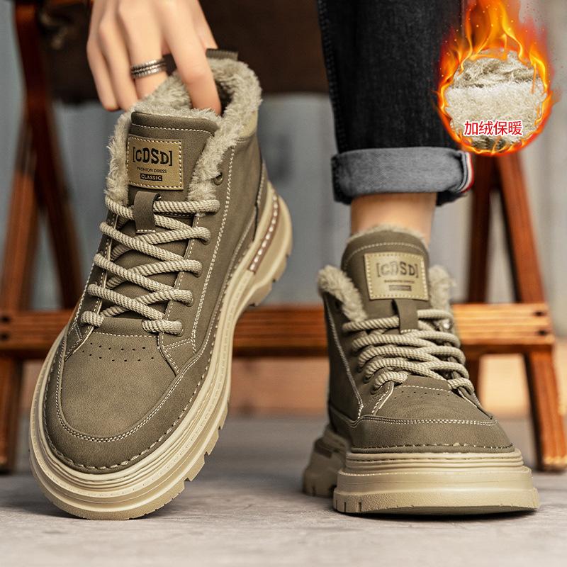 Martin boots men's winter velvet thickened warm high-top tooling shoes British retro men's shoes medium-top snow cotton shoes