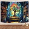 Fantasy Bibliothek Wandteppich für Klassenzimmer, Mystischer Baum Magisches Bücherregal Ästhetische Wandteppiche, Hexen Märchenbaum Vintage