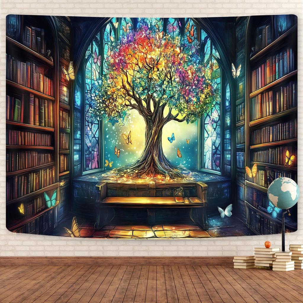 Fantasy Bibliothek Wandteppich für Klassenzimmer, Mystischer Baum Magisches Bücherregal Ästhetische Wandteppiche, Hexen Märchenbaum Vintage
