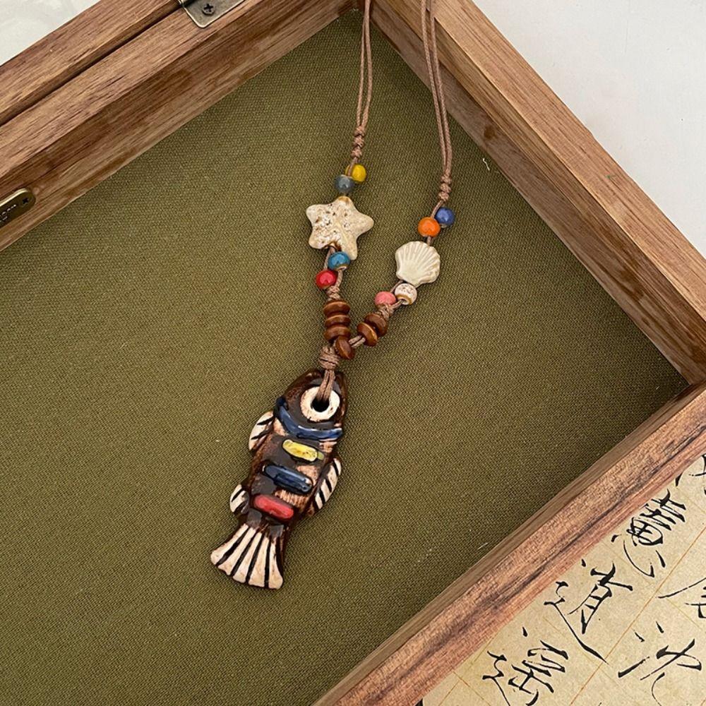 Vintage Ethnic Style Necklace Tassel Long Sweater Chain Retro Ceramic Fish Necklace  Decoration