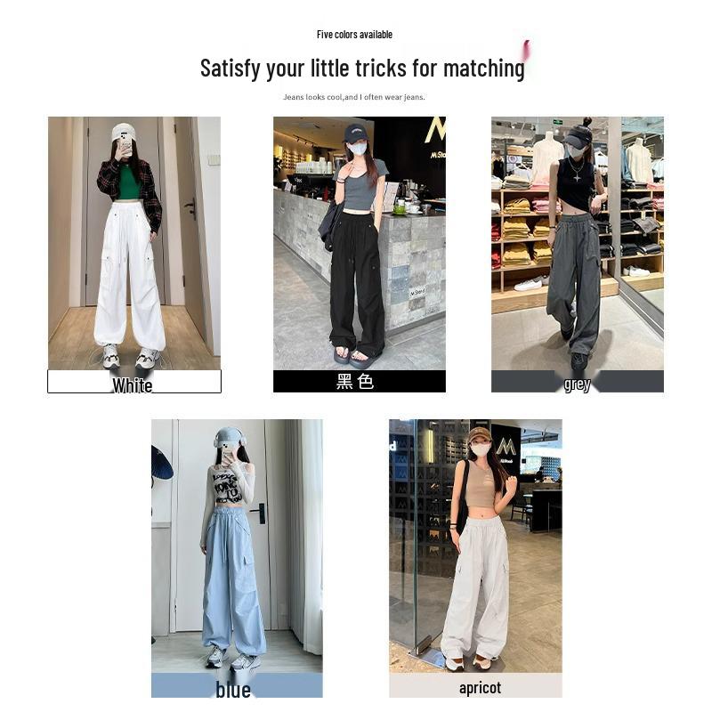 Women's High-Waist Apricot Cargo Pants - Petite Wide-Leg, Spring/Autumn, Casual American Sports Style.