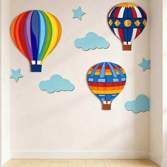1 Set Wooden Hot Air Balloon Wall Decor Nursery Kids Room Wall Art Rustic Hanging Ornaments with Stars Clouds Design Baby Shower Birthday Gift