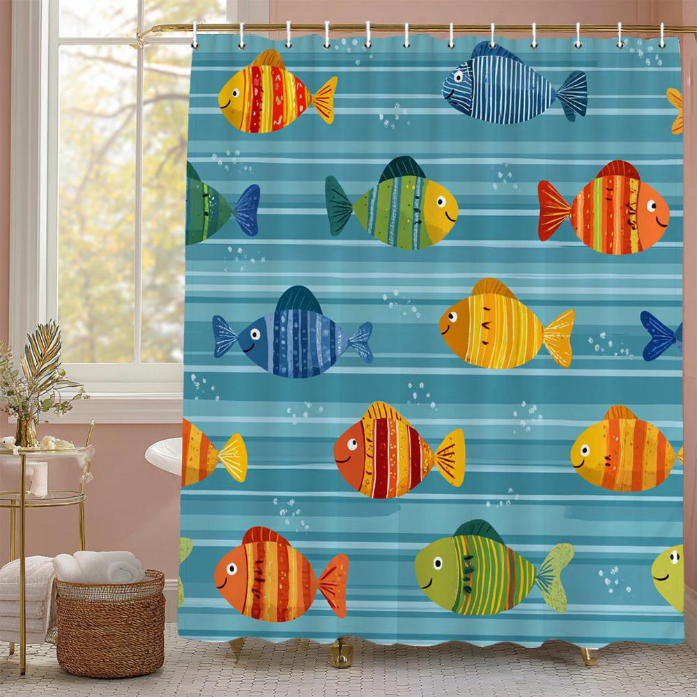Cartoon cute fish children Shower Curtain, Bathroom Decorative Shower Curtain, Waterproof Shower Curtain with Hooks