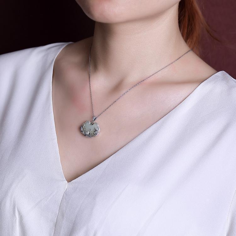 S925 Sterling Silver Hetian Jade Carp Lotus Pendant Necklace with Matte Ruyi Floral Charm