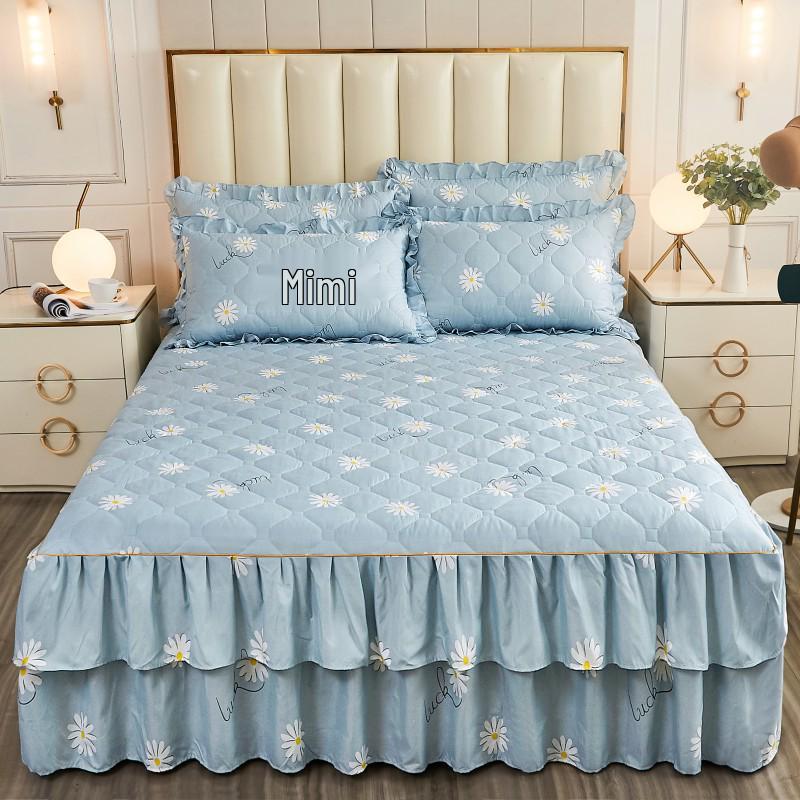 Fustă de pat prințesă matlasată cu dantelă în stil coreean – Cuvertură de pat groasă, din mătase periată, rezistentă la praf