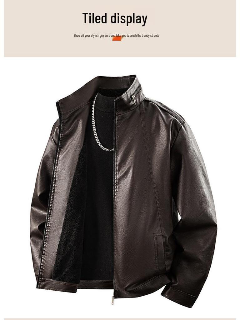 Men's Fleece-Lined Leather Winter Jacket, Thickened, Trendy Stand Collar - Ideal for Business, Casual, or Motorcycle Wear