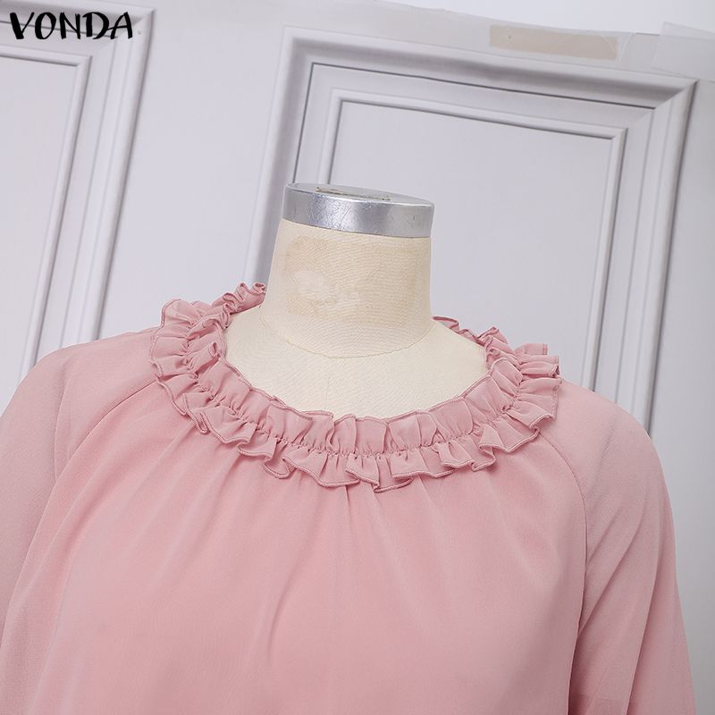 VONDA Women's Tops Casual Ruffle Neck Long Sleeve Pleated Layers Blouse