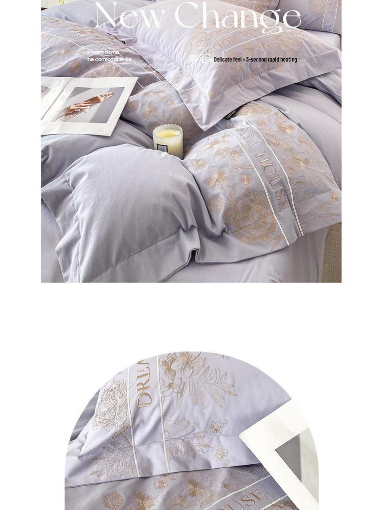 Luxury French Cotton Flannel Bedding Set: 4-Piece Thick Warm Duvet Cover & Fitted Sheet for Autumn/Winter.