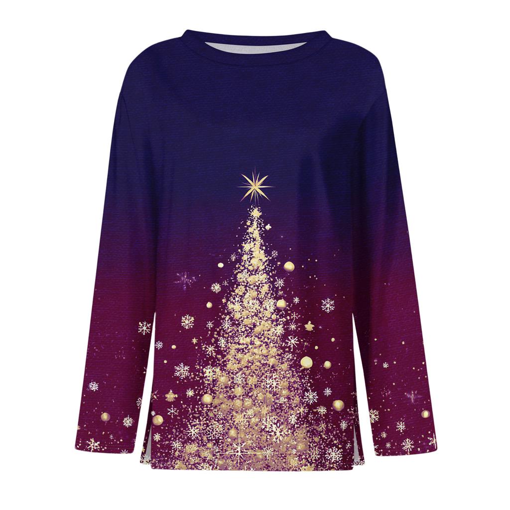 Women's Fashion Casual Slit Hem Round Neck Long Sleeve Loose Printed T-Shirt Ladies Top Christmas