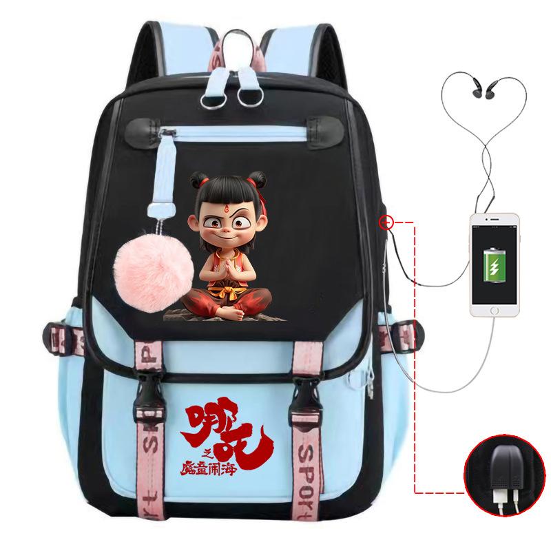 Cartoon Movie Nezha Printing Leisure Burden Reduction Travel Bag Backpack Multi-Function Large Capacity Usb Student Schoolbag