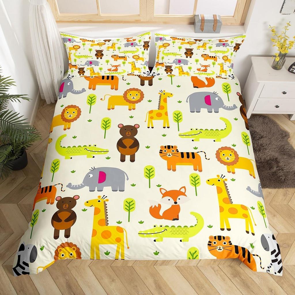Kids Cartoon Animal Twin Queen King Duvet Cover,Forest Animals Bedding Set, Farmhouse Woodland Comforter Cover For Girls Teens