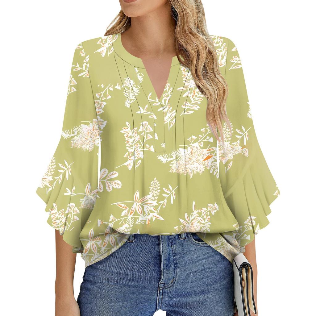 Dámská móda Ležérní plisované tričko s výstřihem do V, jednobarevné, tříčtvrteční rukáv, elegantní top