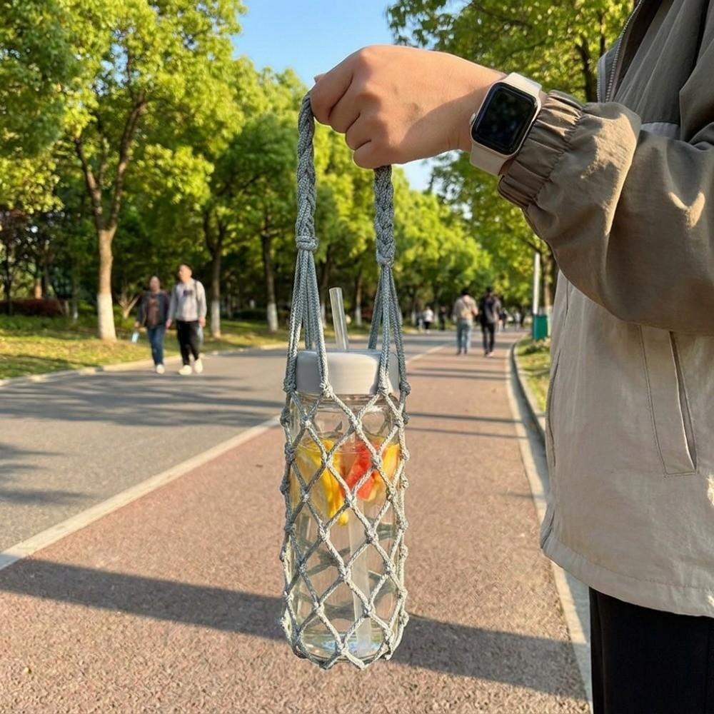 Cotton Rope Handheld Water Cup Mesh Bag Portable Water Bottle Bag Hollow Out Bottle Bag Walking