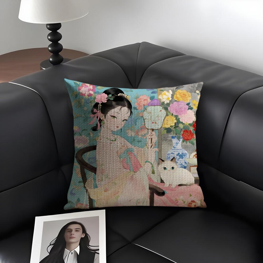 Chinese Ancient Style Beauty Cushion Cover Natural Linen Organic Fabric DoubleSided Printing Sofa Home Decor Gift Pillow Case