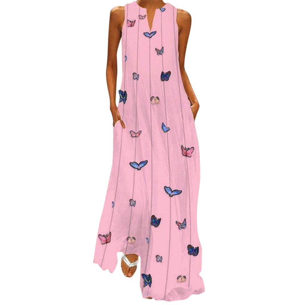 Women Vintage Daily Casual Sleeveless Striped Butterfly Printed  Summer Dress