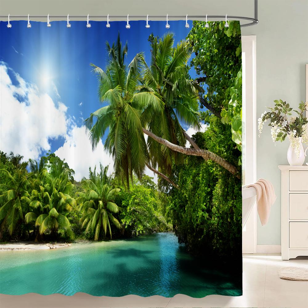 

High Quality Sunny Beach Palm Tree Printed Fabric Shower Curtains Sea Scenery Bath Screen Waterproof Bathroom Decor With Hooks W60H190(CM)-1 Pcs