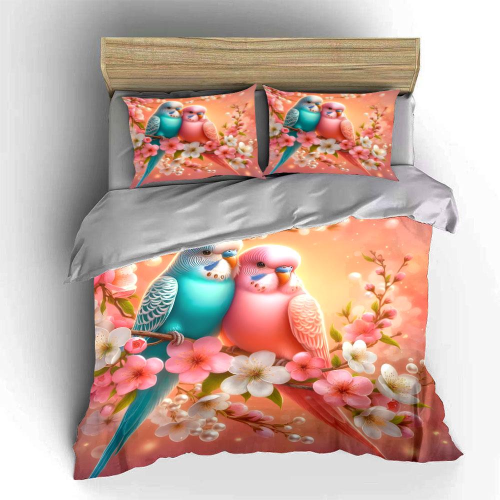 "Parrot Blossom Canvas Art Set" Bedding Set with 1 Duvet Cover 2 Pillowcases Single Double King Queen, Gift