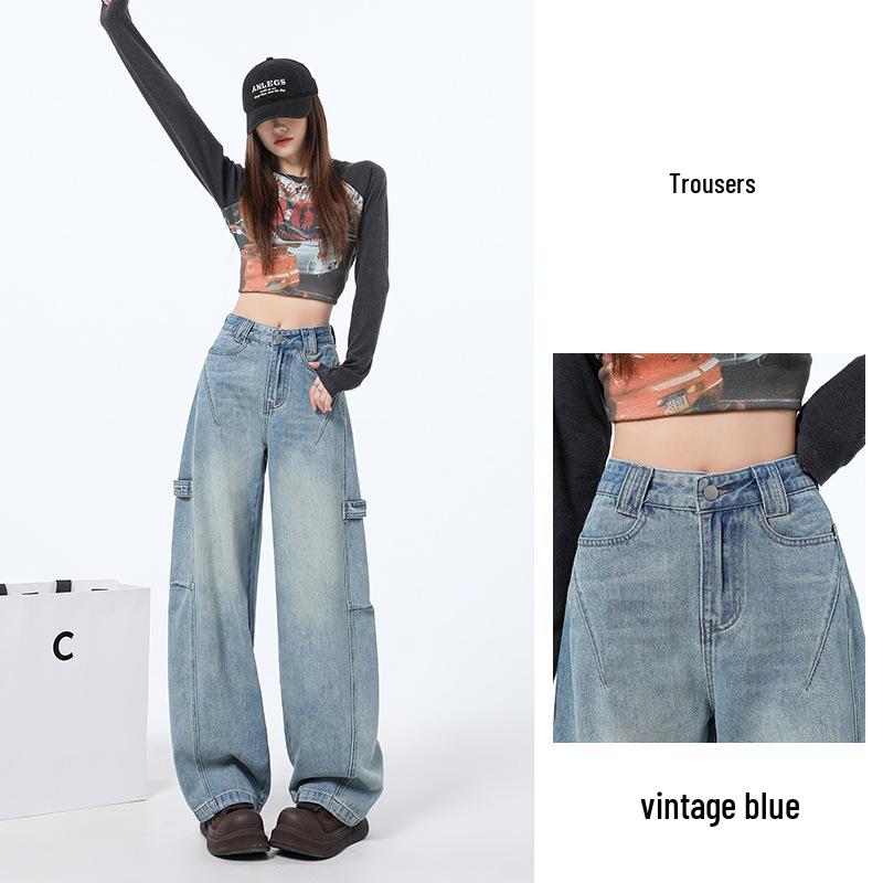 

Женские весенние джинсы карго с высокой талией в стиле ретро 2025 - Приталенный свободный прямой крой Small