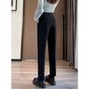 Women's Black High-Waisted Fleece-Lined Slim-Fit Suit Pants for Autumn/Winter - Casual Straight-Leg Formal Wear