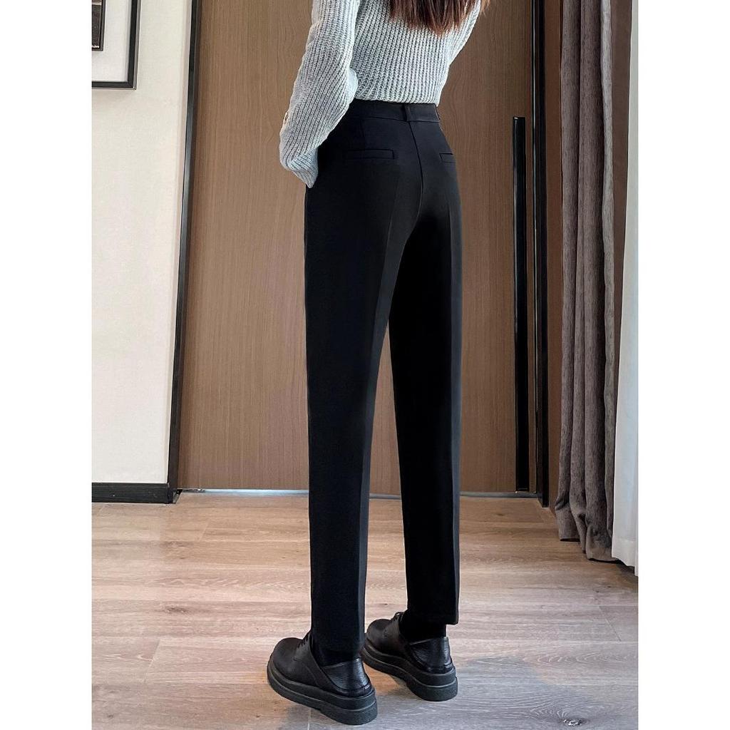 Women's Black High-Waisted Fleece-Lined Slim-Fit Suit Pants for Autumn/Winter - Casual Straight-Leg Formal Wear
