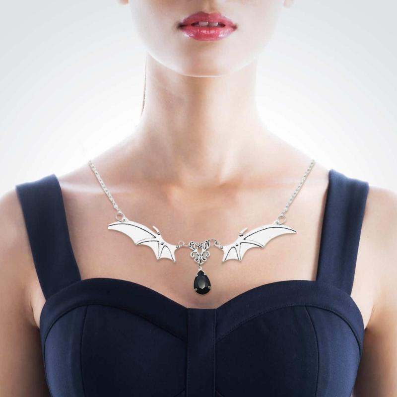 Gothic Vampire Bat Clavicle Chain Sweater Necklace Halloween Witch Bat Waterdrop Pendant Necklace Gift for Bat Lover
