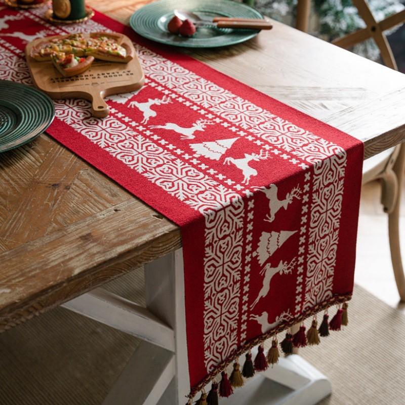 Christmas Table Runner With Woven Jacquard Snowman Deer Tassels Dining Holiday Decor