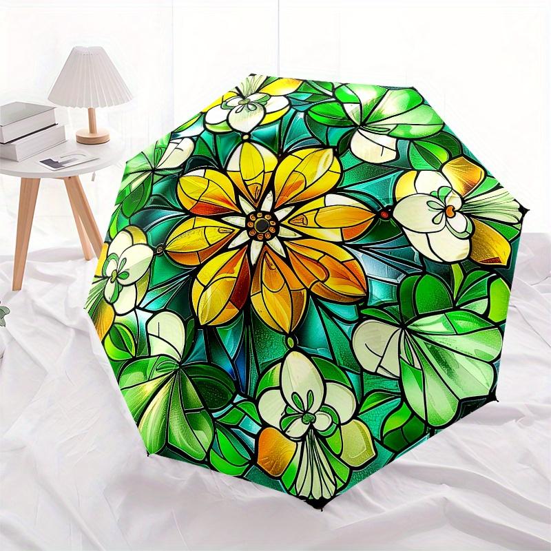 Stained Garden: Vibrant Floral Window ArtUmbrella, Portable 3-Fold Compact Umbrella for Men & Women Gift