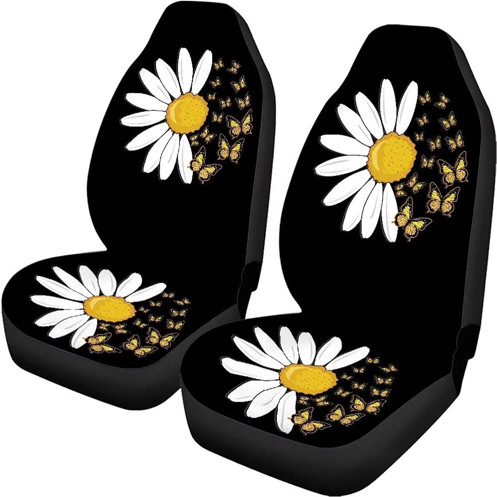 Sonnenblume Gänseblümchen Schmetterling 2 Stück Autositzbezüge Set Fahrzeug Vordersitzschutz Innenraumzubehör Schutzhüllen Fußmattenbezüge Auto black