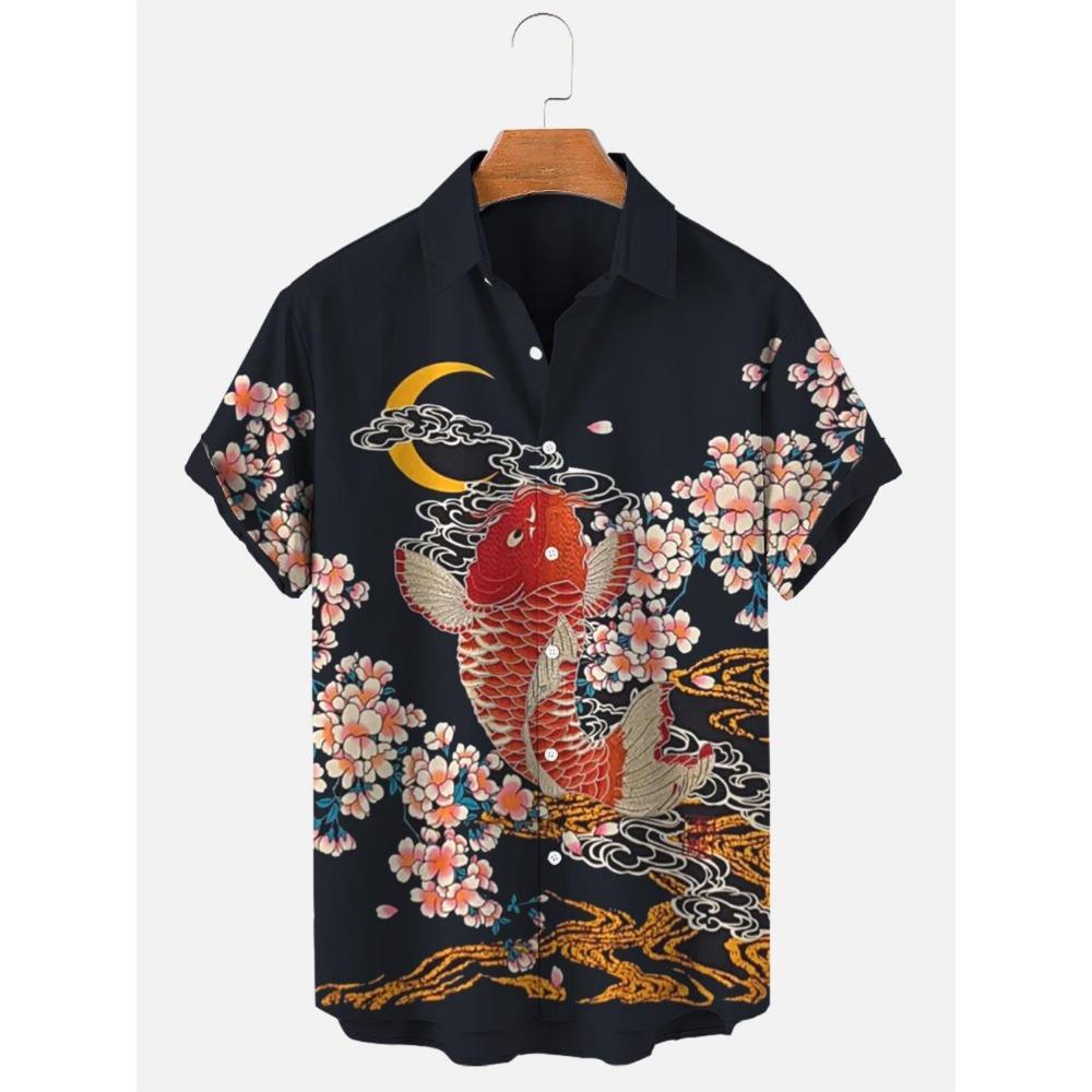 Modische Sommerhemden mit Schildkrötenprint Hawaiianische Knöpfe Herren Strand Kurzarm Lässig Revers