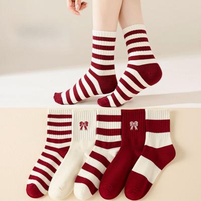 Herbst- und Wintersocken für Damen, Encore Rote Schleife Mid-Calf Socken, Gestreifte vielseitige Baumwoll-Damensocken, Zhuji Socken
